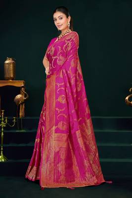 Rani Pink Banarasi Satin Silk Saree with Rich Gold Zari Paisley Weaving and Traditional Pallu 1