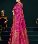 Rani Pink Banarasi Satin Silk Saree with Rich Gold Zari Paisley Weaving and Traditional Pallu