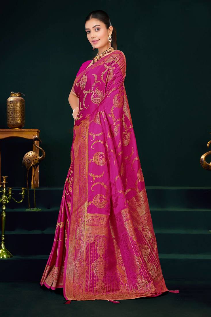 Rani Pink Banarasi Satin Silk Saree with Rich Gold Zari Paisley Weaving and Traditional Pallu