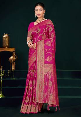 Rani Pink Banarasi Satin Silk Saree with Rich Gold Zari Paisley Weaving and Traditional Pallu 2