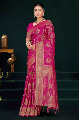 Rani Pink Banarasi Satin Silk Saree with Rich Gold Zari Paisley Weaving and Traditional Pallu
