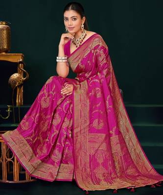 Rani Pink Banarasi Satin Silk Saree with Rich Gold Zari Paisley Weaving and Traditional Pallu 3