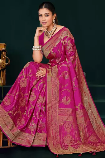 Rani Pink Banarasi Satin Silk Saree with Rich Gold Zari Paisley Weaving and Traditional Pallu