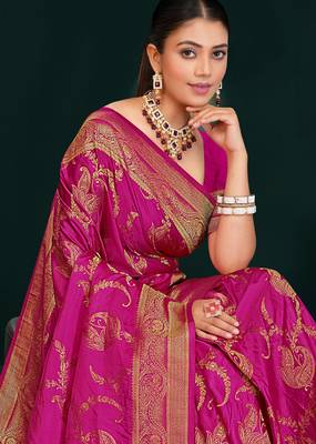 Rani Pink Banarasi Satin Silk Saree with Rich Gold Zari Paisley Weaving and Traditional Pallu 4