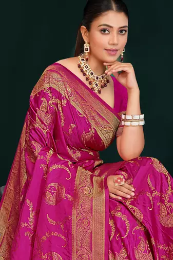 Rani Pink Banarasi Satin Silk Saree with Rich Gold Zari Paisley Weaving and Traditional Pallu