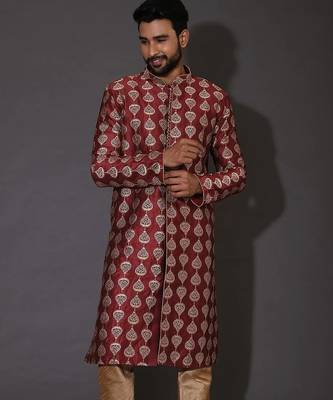 Red dupion art silk  kurta with  open sherwani style and full inside cotton linen 1