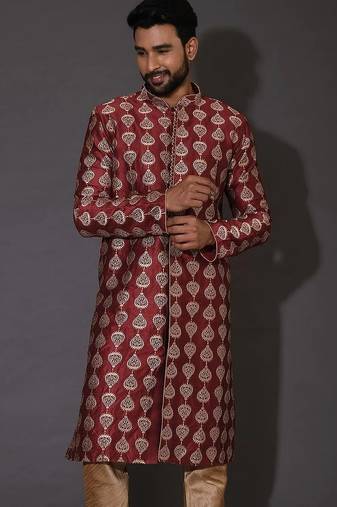 Red dupion art silk  kurta with  open sherwani style and full inside cotton linen