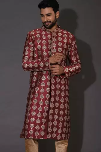 Red dupion art silk  kurta with  open sherwani style and full inside cotton linen