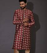 Red dupion art silk  kurta with  open sherwani style and full inside cotton linen