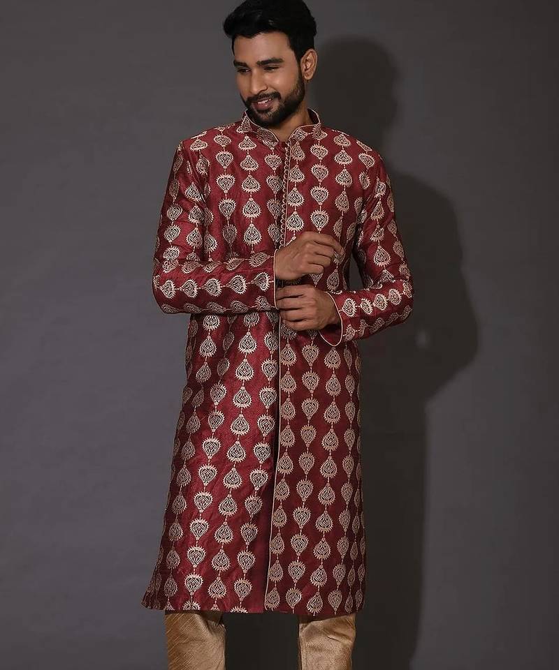 Red dupion art silk  kurta with  open sherwani style and full inside cotton linen