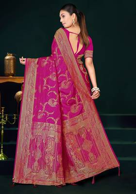 Rani Pink Banarasi Satin Silk Saree with Rich Gold Zari Paisley Weaving and Traditional Pallu 5