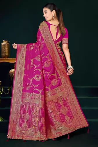 Rani Pink Banarasi Satin Silk Saree with Rich Gold Zari Paisley Weaving and Traditional Pallu