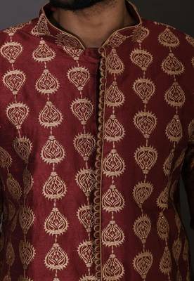 Red dupion art silk  kurta with  open sherwani style and full inside cotton linen 2