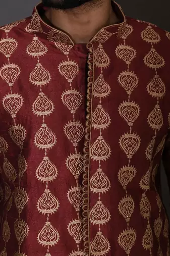 Red dupion art silk  kurta with  open sherwani style and full inside cotton linen