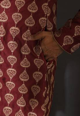 Red dupion art silk  kurta with  open sherwani style and full inside cotton linen 3