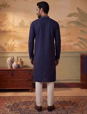 Mens blue silk blend solid embroidered kurta 4