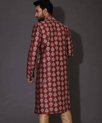 Red dupion art silk  kurta with  open sherwani style and full inside cotton linen 4