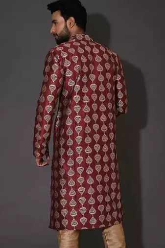 Red dupion art silk  kurta with  open sherwani style and full inside cotton linen