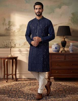 Mens blue silk blend solid embroidered kurta 5