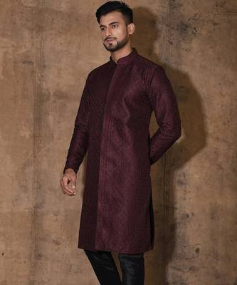 Wine dupion art silk  kurta with  open sherwani style and full inside cotton linen 1