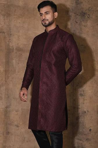 Wine dupion art silk  kurta with  open sherwani style and full inside cotton linen
