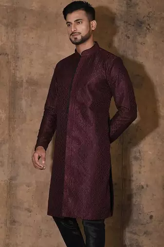 Wine dupion art silk  kurta with  open sherwani style and full inside cotton linen