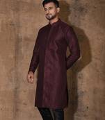 Wine dupion art silk  kurta with  open sherwani style and full inside cotton linen