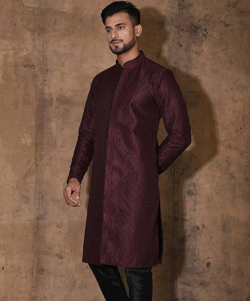 Wine dupion art silk  kurta with  open sherwani style and full inside cotton linen