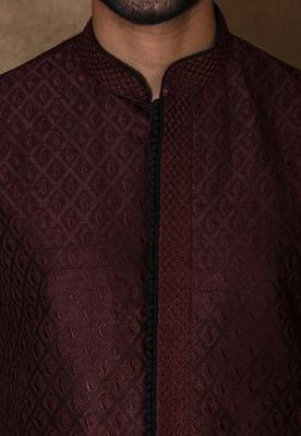 Wine dupion art silk  kurta with  open sherwani style and full inside cotton linen 2