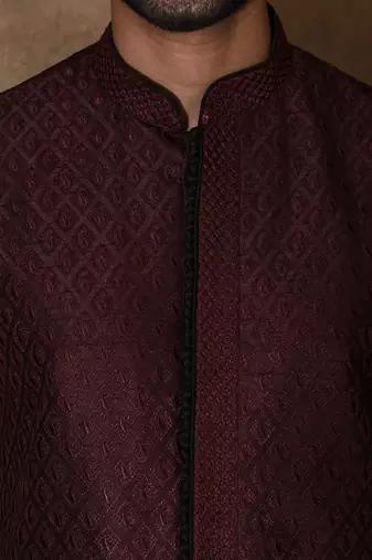 Wine dupion art silk  kurta with  open sherwani style and full inside cotton linen