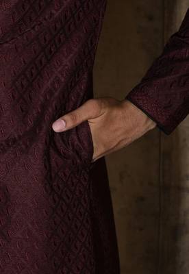 Wine dupion art silk  kurta with  open sherwani style and full inside cotton linen 3