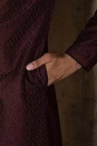 Wine dupion art silk  kurta with  open sherwani style and full inside cotton linen