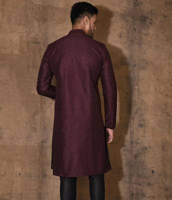 Wine dupion art silk  kurta with  open sherwani style and full inside cotton linen 4