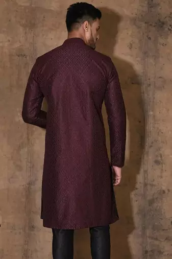 Wine dupion art silk  kurta with  open sherwani style and full inside cotton linen