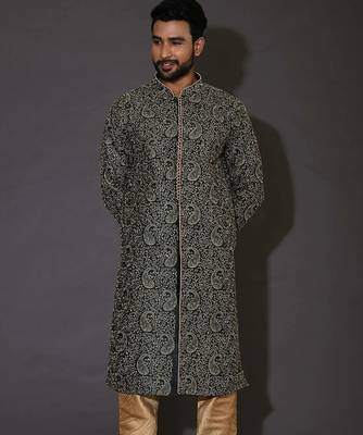 Bottle green dupion art silk  kurta with  open sherwani style and full inside cotton linen 1