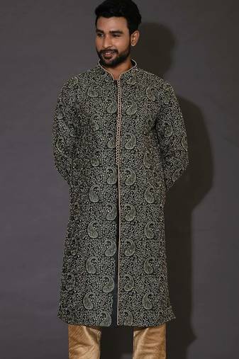 Bottle green dupion art silk  kurta with  open sherwani style and full inside cotton linen