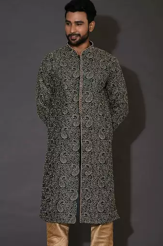 Bottle green dupion art silk  kurta with  open sherwani style and full inside cotton linen