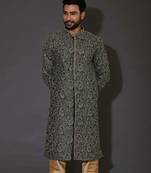 Bottle green dupion art silk  kurta with  open sherwani style and full inside cotton linen