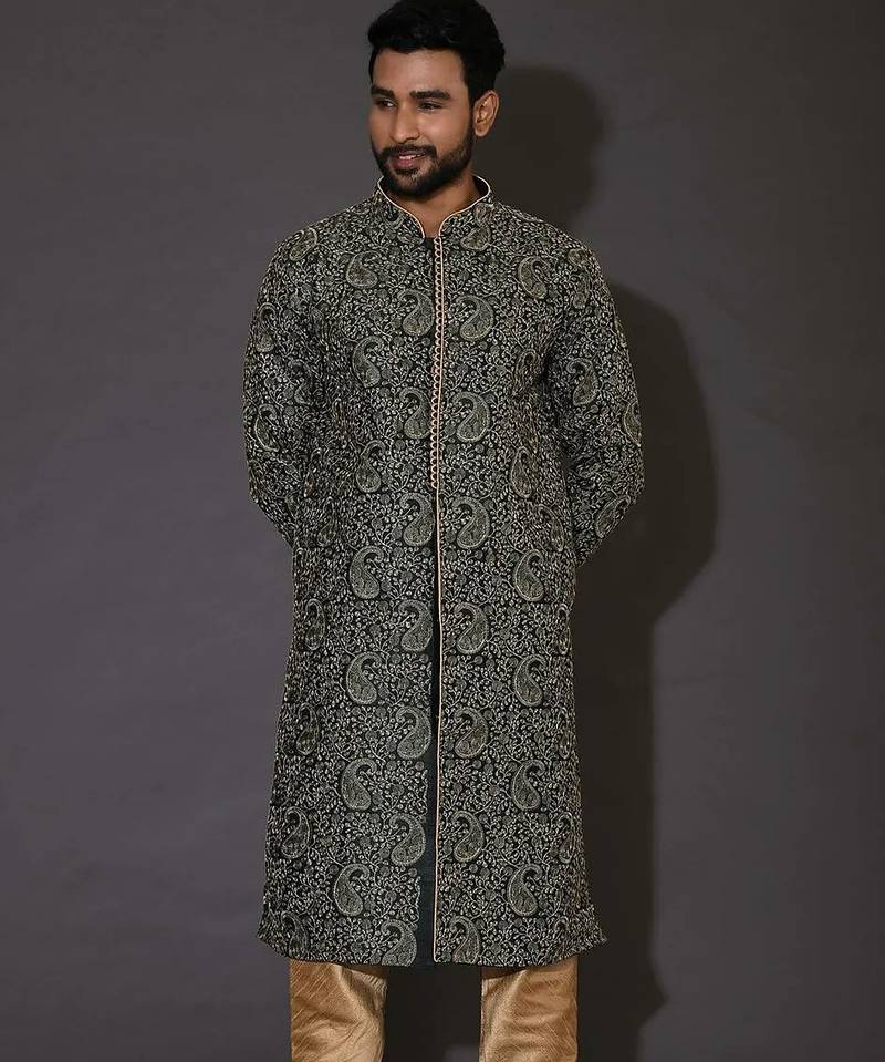 Bottle green dupion art silk  kurta with  open sherwani style and full inside cotton linen