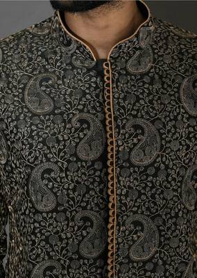 Bottle green dupion art silk  kurta with  open sherwani style and full inside cotton linen 2