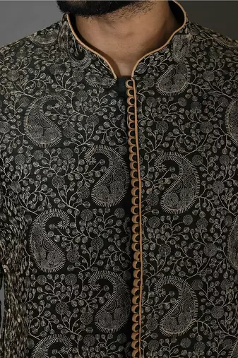 Bottle green dupion art silk  kurta with  open sherwani style and full inside cotton linen