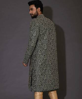 Bottle green dupion art silk  kurta with  open sherwani style and full inside cotton linen 4