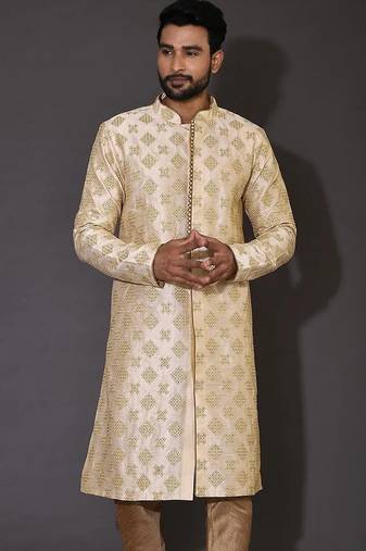 Fawn dupion art silk  kurta with  open sherwani style and full inside cotton linen
