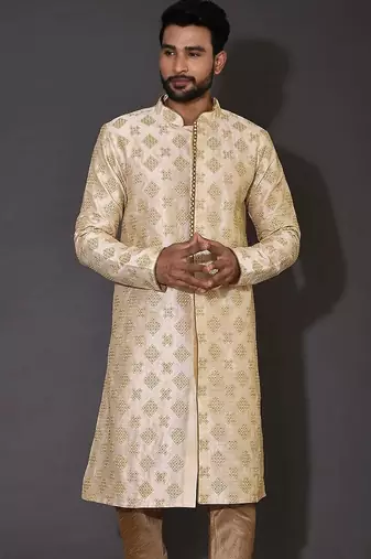 Fawn dupion art silk  kurta with  open sherwani style and full inside cotton linen