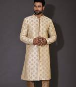 Fawn dupion art silk  kurta with  open sherwani style and full inside cotton linen