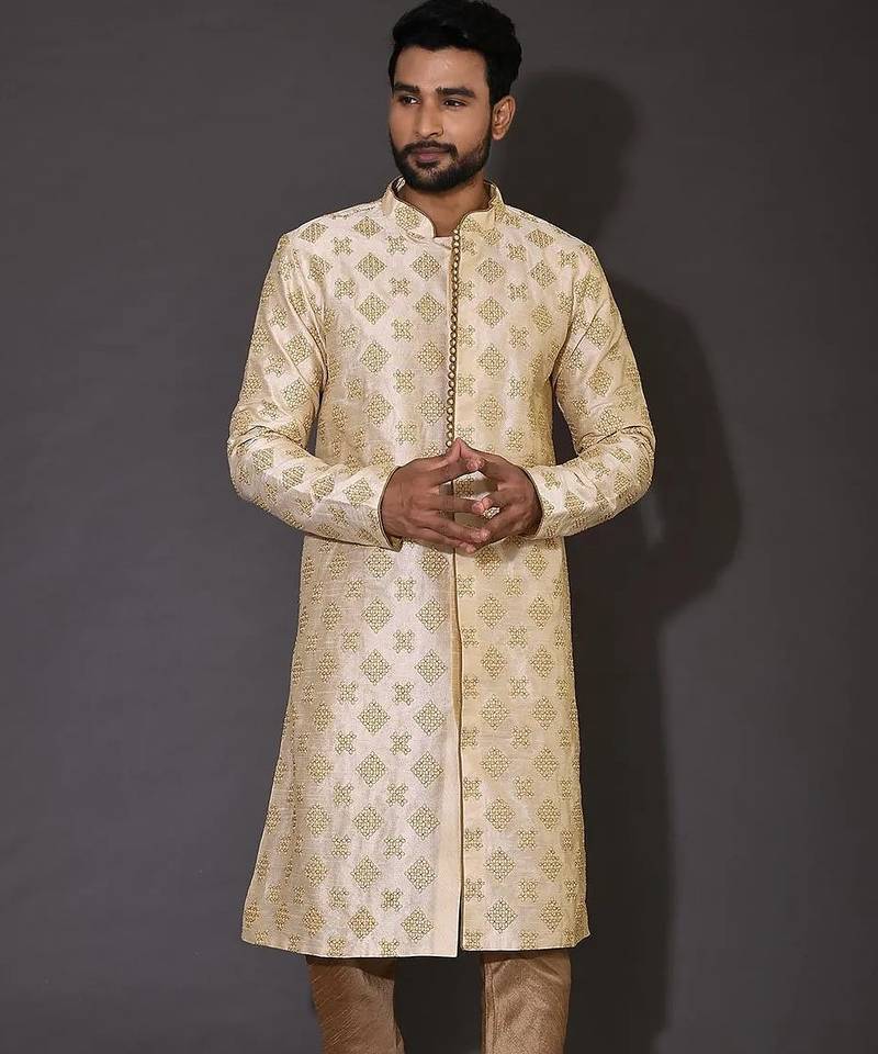 Fawn dupion art silk  kurta with  open sherwani style and full inside cotton linen