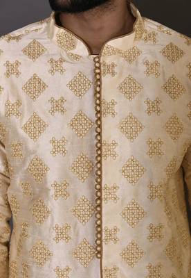 Fawn dupion art silk  kurta with  open sherwani style and full inside cotton linen 2