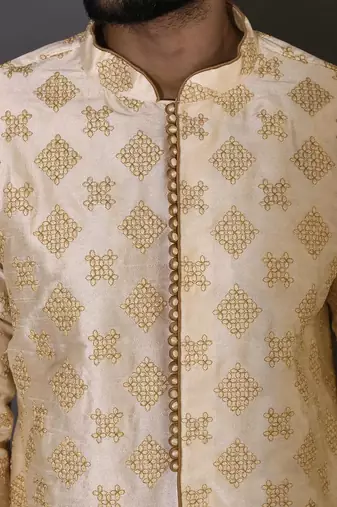 Fawn dupion art silk  kurta with  open sherwani style and full inside cotton linen