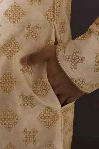 Fawn dupion art silk  kurta with  open sherwani style and full inside cotton linen