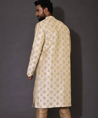Fawn dupion art silk  kurta with  open sherwani style and full inside cotton linen 4